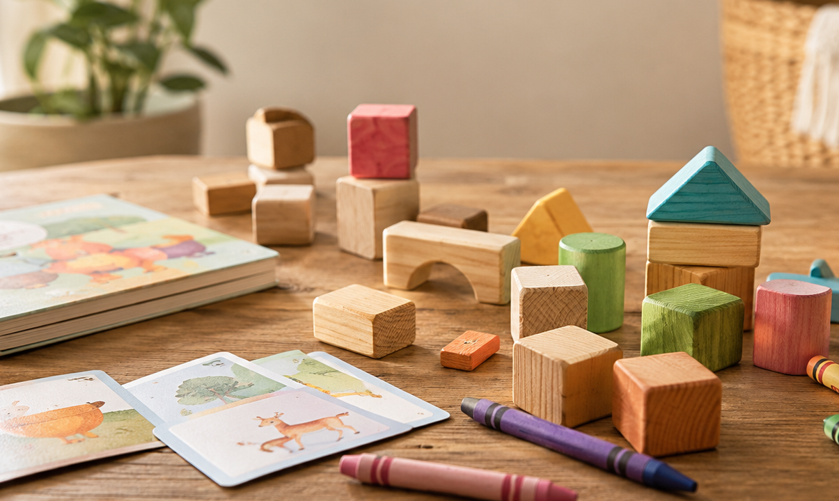 Wooden blocks, picture cards and crayons arranged on a table for playful learning