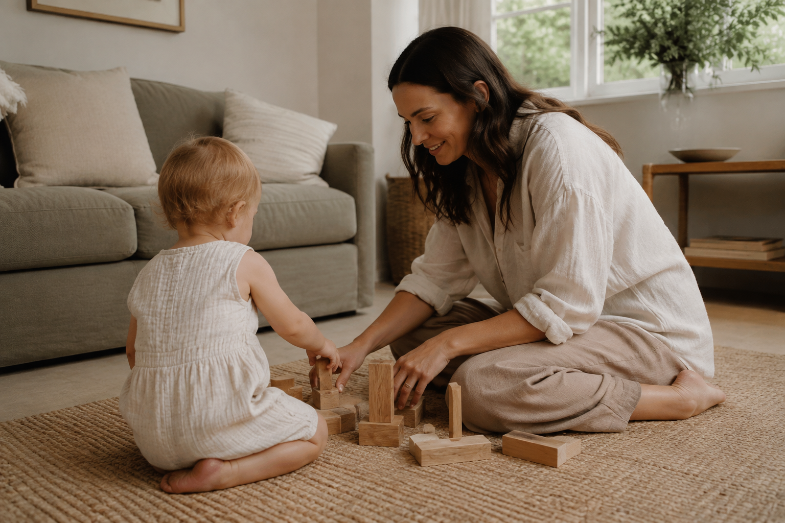 A parent sitting on the floor building wooden blocks with a toddler in warm natural light