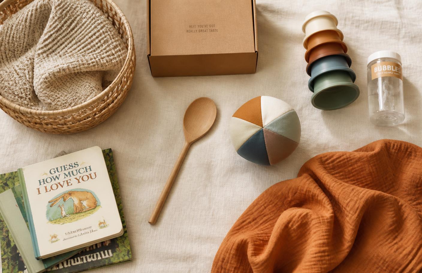 Everyday household objects arranged on warm linen