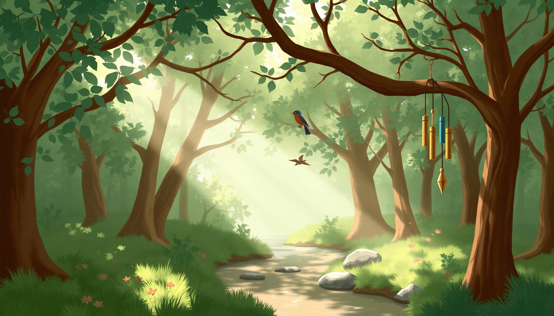 A shaded painterly woodland with a quiet stream, birds, and wind chimes.
