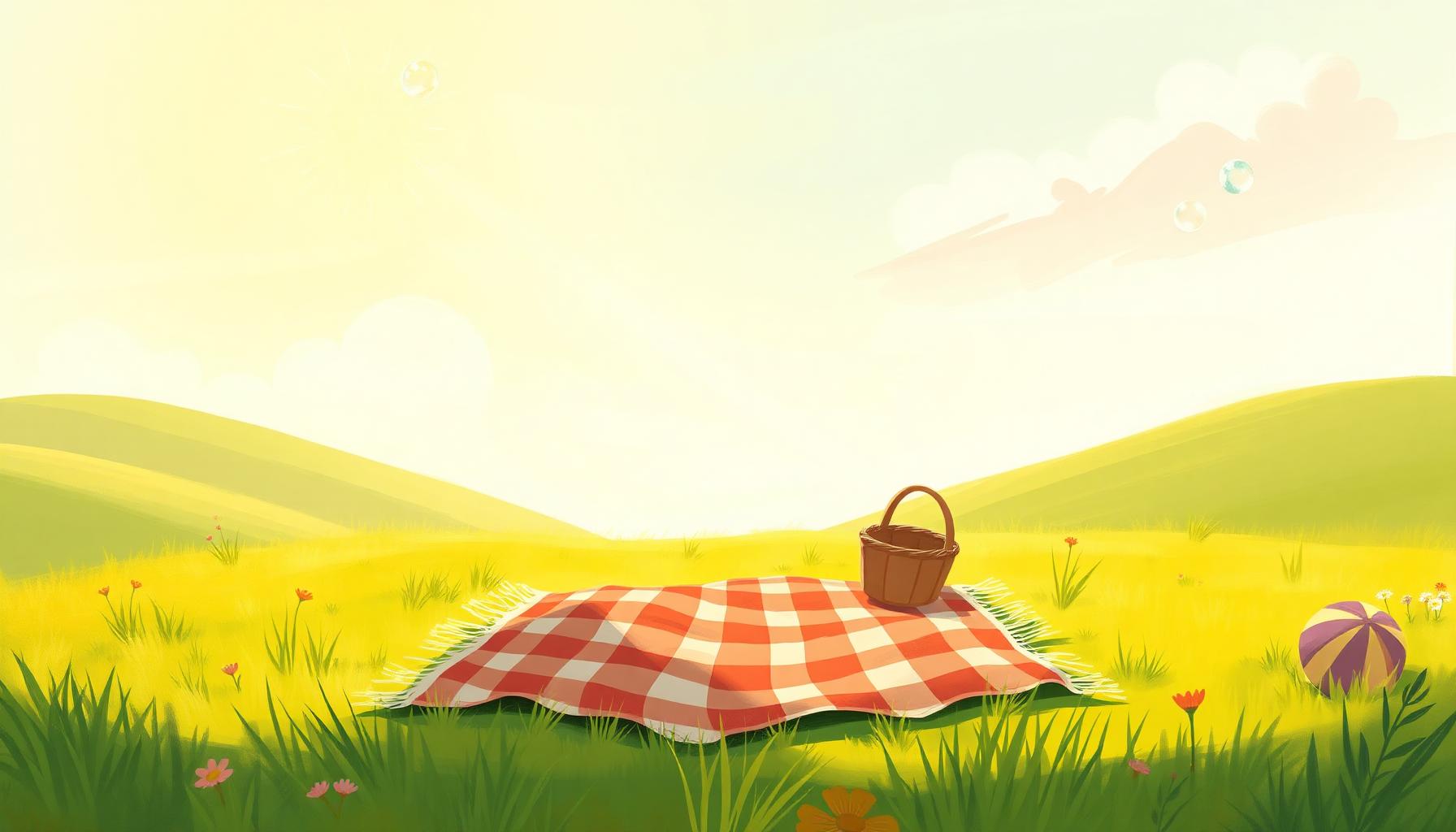 A sunny open meadow with a picnic blanket, bubbles, and play objects.