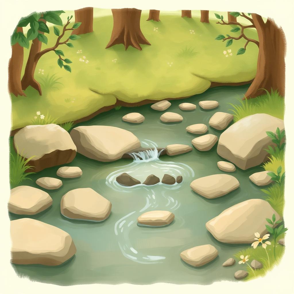 A quiet stream flowing over smooth stones.
