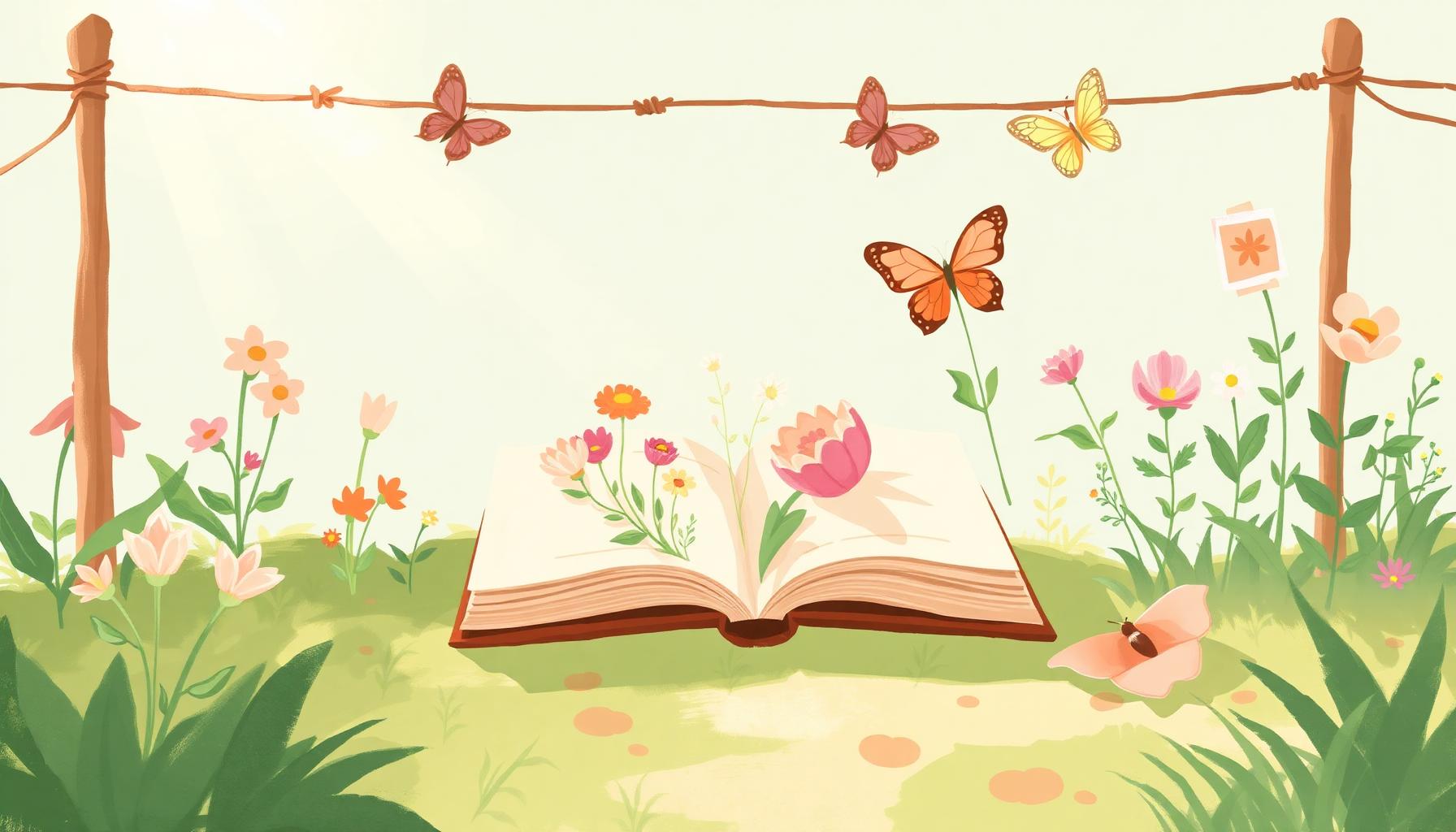 A bright garden with flowers, picture cards, and open storybooks.